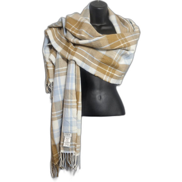 J. Crew Acrylic Plaid Blanket Scarf Blue and Tan with Fringe 24X78 - Picture 3 of 5